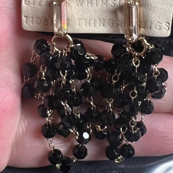 ANTHROPOLOGIE GOLD PLATED LEAF CRYSTAl EARRINGS dangle crystal black - Picture 2 of 2